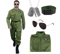 Kitimi Disfraz Piloto Hombre, Disfraz de Piloto de Caza Adulto con Lentes de Sol y Placa de Perro, Costume Aviador Carnaval y Halloween para Adultos Hombre