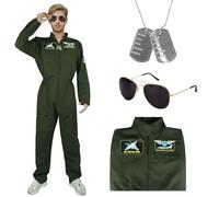 Kitimi Disfraz Piloto Hombre, Disfraz de Piloto de Caza Adulto con Lentes de Sol y Placa de Perro, Disfraz Piloto Avion, Disfraz Aviador Carnaval y Halloween para Adultos Hombre