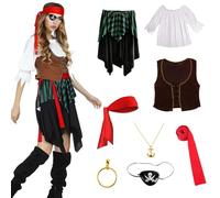 Kitimi Disfraz Pirata Mujer, Pirata Disfraz Aldult con Pirata Collar Pendientes, Disfraz Pirata Capitán Cosplay de Halloween Carnaval