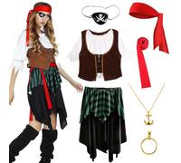 Kitimi Disfraz Pirata Mujer, Pirata Disfraz Aldult con Pirata Collar Pendientes, Disfraz Pirata Capitán Cosplay de Halloween Carnaval