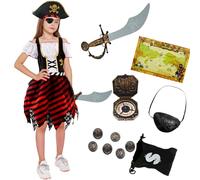 Kitimi Disfraz Pirata Niña Vestido Pirata Niño con Pirata Accesorios Sombrero Pirata Espada Pirata Máscara de Ojo Mapa Parche Brújula Monedero Pendiente para Carnaval Cosplay Halloween Costume Niño