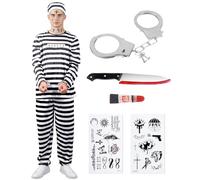 Kitimi Disfraz Prisionero Hombre Uniforme Penitenciario Blanco y Negro Disfraz de Preso Adulto Traje Carcel Convicto Tops Pantalones Gorro Cosplay Carnaval Halloween Fiesta