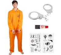 Kitimi Disfraz Prisionero Naranja Hombre Disfraz de prisión naranja con esposas Disfraz de Prisionero Adultos Hombres Orange Prisionero Disfraz Unisex de Prisionero Carnaval Fiesta Cosplay