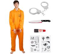 Kitimi Disfraz Prisionero Naranja Hombre Disfraz de prisión naranja con esposas Disfraz de Prisionero Adultos Hombres Orange Prisionero Disfraz Unisex de Prisionero Carnaval Fiesta Cosplay