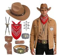 Kitimi Juego de accesorios para disfraz de vaquero, disfraz de vaquero occidental, sombreros de vaquero para hombre y mujer con sombrero marrón, bandana, cinturón, hebilla de bolo, collar insignia