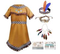Kitimi Marrón Costume Kids Girls Dresses with Feather Headband Tattoos Pulsera Marrón Carnaval Halloween Cosplay para Niña