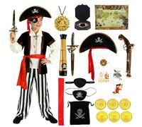 Kitimi Piratenkostum Niños y jóvenes, 22 unidades, accesorios piratas, sombrero pirata, gorro, gorro, telescopio, pirata, capitán, accesorios, disfraz de pirata, disfraz para carnaval, Halloween