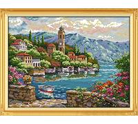 Kits de punto de cruz preimpresos, OWN4B Seaside Clock Torre con patrón estampado de 11 quilates, 27.2 x 21.7 pulgadas, kit de bordado de bricolaje (Seaside)