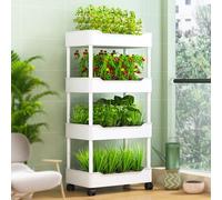 Kits De Sistema De Cultivo Hidropónico Con Ruedas, Bancal Vertical Móvil, Diseño De Rejilla Transpirable Y De Drenaje, Macetero De Interior Para Verduras, Frutas(White,4-layer)