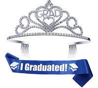 Kits de Suministros de Fiesta de Graduación 2021, Tiara Corona de Princesa de Graduación de Metal Brillante y Faja Graduada, Regalos para Decoración Fiesta Graduación (Azul)