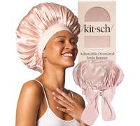 Kitsch Gorro de satén XL para dormir, más suave que la seda, para mujer, ajuste seguro, gorra de noche ajustable para cabello rizado y texturizado, evita roturas, enredos y adelgazamiento, color rubor