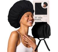 Kitsch Gorro de satén XL para dormir, más suave que la seda, para mujer, ajuste seguro, gorra de noche ajustable para cabello rizado y texturizado, evita roturas, enredos y adelgazamiento, color negro