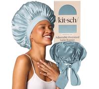 Kitsch Gorro de satén XL para dormir, más suave que la seda, para mujer, ajuste seguro, gorra de noche ajustable para cabello rizado y texturizado, evita roturas, enredos y adelgazamiento, color azul