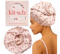 Kitsch Gorros de ducha de lujo para mujer, reutilizables, impermeables, con forro de satén flexible, gorro de ducha grande para hombres, antideslizante, de secado rápido, ajustable, elegante gorro