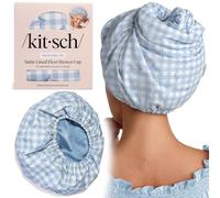 Kitsch Gorros de ducha flexibles con forro de satén de lujo para mujer, reutilizables, impermeables, gorro de ducha grande y ancho para mujeres y hombres, ajustable, elegante gorro de pelo para duchas