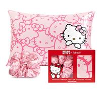 Kitsch Hello Kitty Juego de 2 piezas: funda de almohada de satén y coleteros, más suave que la seda para cabello y piel, lavable a máquina, sin arrugas, tamaño estándar, diseño rosa con caras de Kitty