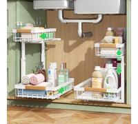 Kitstorack Metal 2 Paquete Organizador Fregadero, 2 Niveles Organizador Extraíble Estante Almacenamiento Debajo Fregadero para Cocina, Baño, Blanco