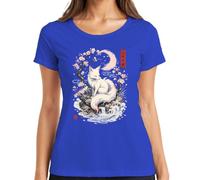 Kitsune Fuchs Japan Cherry Blossome Sakura Luna Camiseta Mujer, azul, XL