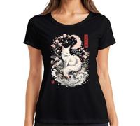 Kitsune Fuchs Japan Cherry Blossome Sakura Luna Camiseta Mujer, Negro , L