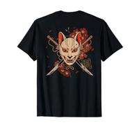 Kitsune Máscara con Katana y Cuchillas Sakura Art BACK Camiseta