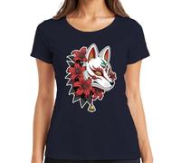 Kitsune Máscara Japón Zorro Lirios Rojos Tatuaje Mujer Camiseta, azul marino, 3XL