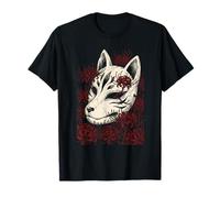 Kitsune Máscara Zorro Espíritu Rojo Araña Lirio Flor Yokai Arte Camiseta