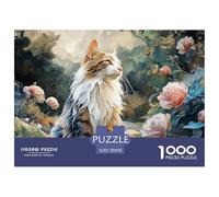 Kitty Surrounded by Colorful Flowears 1000 Stück Ökopapier Puzzle Long-Haired Cat with Roses Lebendige Bilder Kreatives Spiel Puzzles Für Erwachsene Und Kinder 70x50cm/1000pcs