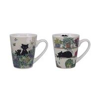 KIUB Juego de 2 mini tazas - gatos en el jardín y gato tumbado en un estante - porcelana fina y altura 7,5 cm - caja a juego