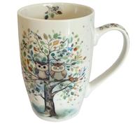KIUB Taza de porcelana redonda muy grande, diseño de pareja de búhos en un árbol grande, altura 13 cm, capacidad 445 ml, caja a juego