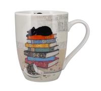 KIUB Taza de porcelana redondeada, diseño de gato dormido en libros, altura 10 cm, capacidad 340 ml, caja a juego