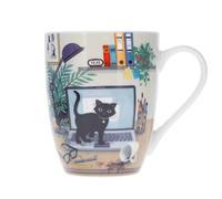 KIUB - Taza de porcelana redondeada, diseño de gato en teletrabajo junto a su ordenador, altura 10 cm, capacidad 340 ml, caja a juego