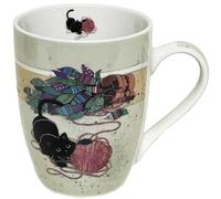 KIUB Taza de porcelana redondeada, diseño de gato jugando con un ovillo de lana, altura 10 cm, capacidad 340 ml, caja a juego