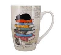 KIUB Taza muy grande de porcelana redondeada, diseño de gato dormido en libros - altura 12 cm - capacidad 490 ml - caja a juego