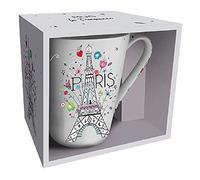KIUB - Taza Paris Torre Eiffel con diseño de Torre Eiffel en flores sobre fondo rosa pastel - Material: porcelana fina - Capacidad 370 ml