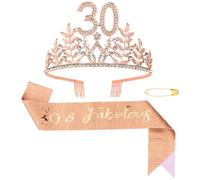 KIUEZIR 30&Fabulous - Juego de tiara y banda de cumpleaños de oro rosa, diamantes de imitación en forma de hoja y corona de aleación con peine y banda de purpurina, accesorios para el cabello para