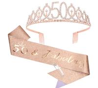 KIUEZIR Juego de 50 cumpleaños de oro rosa con tiara y faja, aleación de estrás para 50 coronas con peine y cinta de purpurina "50 y fabuloso" para fiestas de cumpleaños, aniversarios y sesiones de