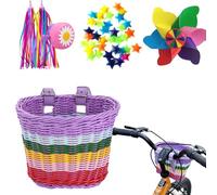 Kiuiom Cesta Delantera para Bicicleta Infantil Desmontable,Canasta para Bicicletas con Correas Ajustables,Canastas de Colores Arcoíris,Molinos de Viento,Decoración de Estrellas,Campanas y Cintas