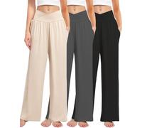 Kivdol Paquete de 3 pantalones de pierna ancha para mujer, cruzados, con bolsillos, cintura alta, holgados, informales, para descansar, yoga, entrenamiento, palazzo, Negro/Gris/Albaricoque, XXL
