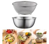 Kivivaka Cuencos apilables de acero inoxidable con colador de malla, colador de cocina profundo para escurrir frutas y verduras pasta, ensaladera fácil de limpiar, plateado, 5 piezas