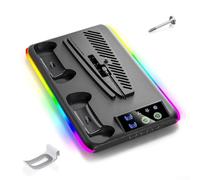 Kivivaka Estación de refrigeración PS5 con cargador de controlador dual RGB para iluminación de 3 velocidades de ventilador, soporte vertical para PS5 Pro para base digital de disco delgado (negro)