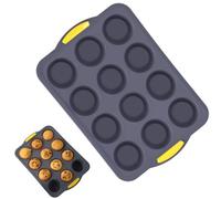 Kivivaka Molde de silicona para 12 magdalenas con marco de acero inoxidable, sin moldes para cupcakes, bandeja para horno microondas, color gris