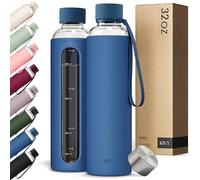 KIVY Botella de agua de vidrio con funda de silicona de 32 onzas [con medida] - Botella de agua de vidrio de borosilicato con tapa de rosca - Botellas transparentes con marcado de medición - Botella
