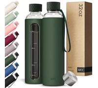 KIVY Botella de agua de vidrio con funda de silicona de 32 onzas [con medida] - Botella de agua de vidrio de borosilicato con tapa de rosca - Botellas transparentes con marcado de medición - Botella