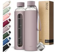 KIVY Botella de agua de vidrio con funda de silicona de 32 onzas [con medida] - Botella de agua de vidrio de borosilicato con tapa de rosca - Botellas transparentes con marcado de medición - Botella