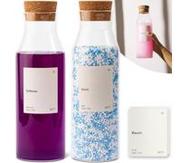 KIVY Dispensador de detergente de cristal para ropa + etiquetas, set de 2 tarros de cristal para decoración de organización de lavandería, detergente líquido y dispensador de suavizante de telas