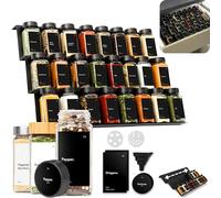 KIVY Estantería para especias con tarros | incluye 24 tarros de especias con etiquetas, ajustable y apto para todos los cajones, tarros de especias con estante, organizador de especias cajón