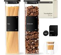 Kivy Frascos de almacenamiento cuadrados [2x 1800ml] + Etiquetas - Frascos apilables y herméticos con tapa - Tarros para pasta con tapa - Vidrio para almacenamiento de espaguetis Grande - Tarros para