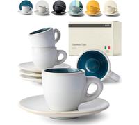 KIVY Juego de 4 tazas de espresso (4 x 75 ml), hechas a mano de cerámica de paredes gruesas, juego de tazas de café expreso con plato, tazas de café espresso italianas de pared gruesa, taza de