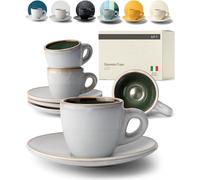 KIVY Juego de 4 tazas de espresso (4 x 75 ml) - Hecho a mano de cerámica gruesa - Juego de tazas de café expreso verde con platillo - tazas de café espresso italiano grueso - Taza de café moka