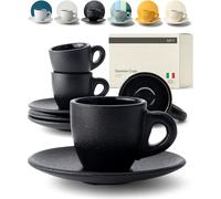 KIVY Juego de 4 Tazas de Espresso de 3 Onzas - Gres de Pared Gruesa, Estilo Italiano Con Platillos, Café Demitasse